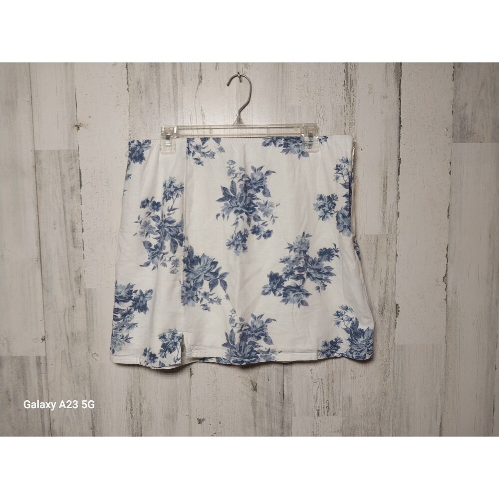 American Eagle Floral Front Slit Mini Skirt Size L White Blue Zip Cotton Linen